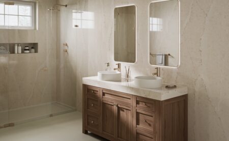 Cosentino badkamer materiaal steen, Calecatta inspiratie badkamers